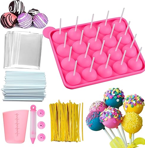 Molde – Kit de silicona para tartas con bolígrafo de decoración de taza medidora con 4 puntas de tubería, 100 palitos de piruleta, 100 bolsas de