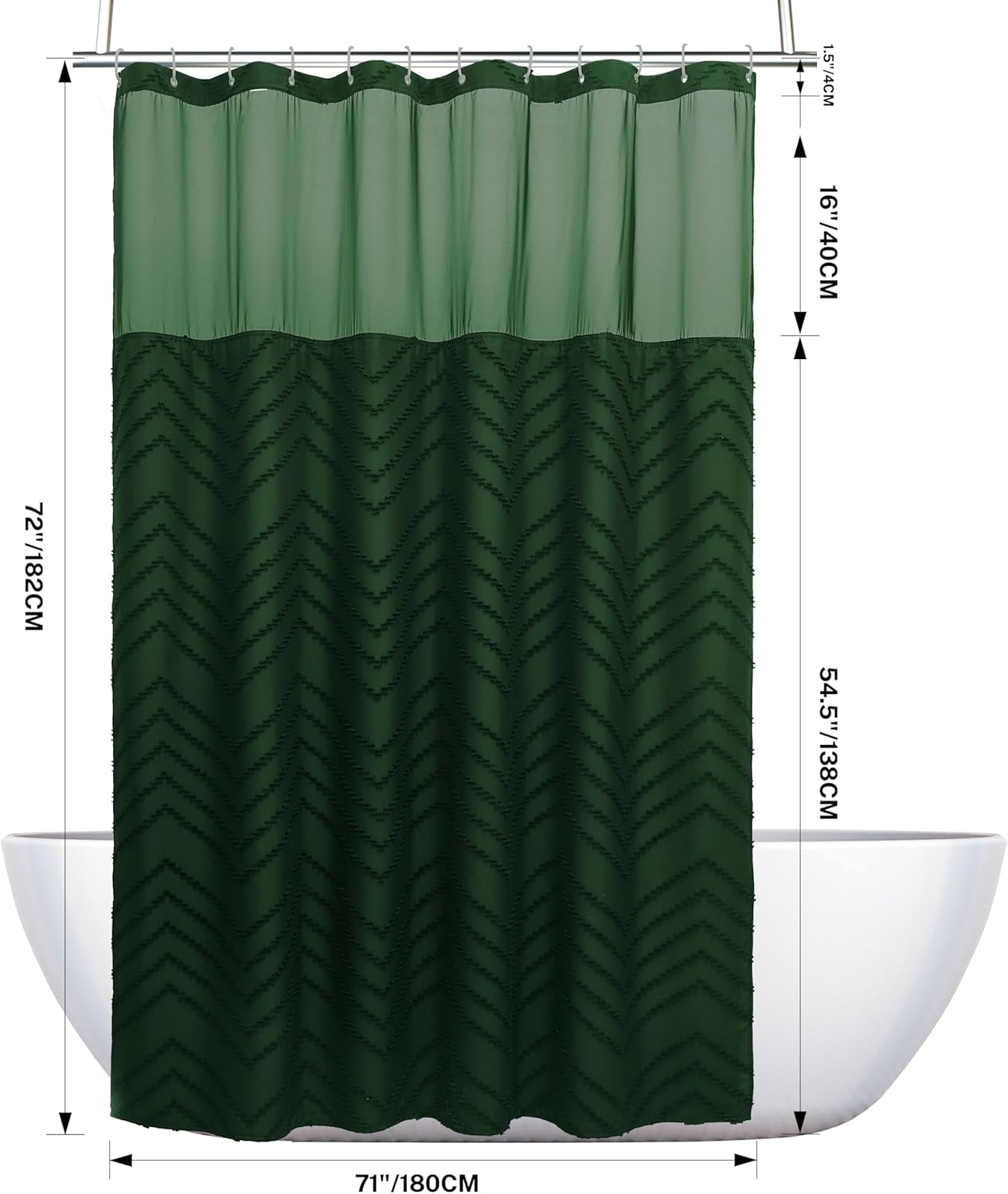 Dark Green Boho Shower Curtain with Snap in Liner Replacement Fabric Shower Curtain 71 x 72 Waterproof & Washable Mesh Top Window Modern Farmhouse Tufted Chevron Textured Striped for Bathroom Hotel
