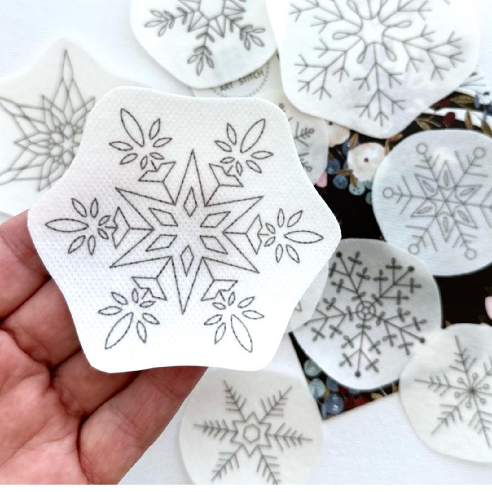 Stick & Stitch Floral Embroidery Designs for Hand Embroidery | Water Soluble Self Adhesive Flower Embroiderys Transfer Patches | DIY Pattern Stickers for Clothes, Jeans & Fabric Art (Snowflakes)-image-44