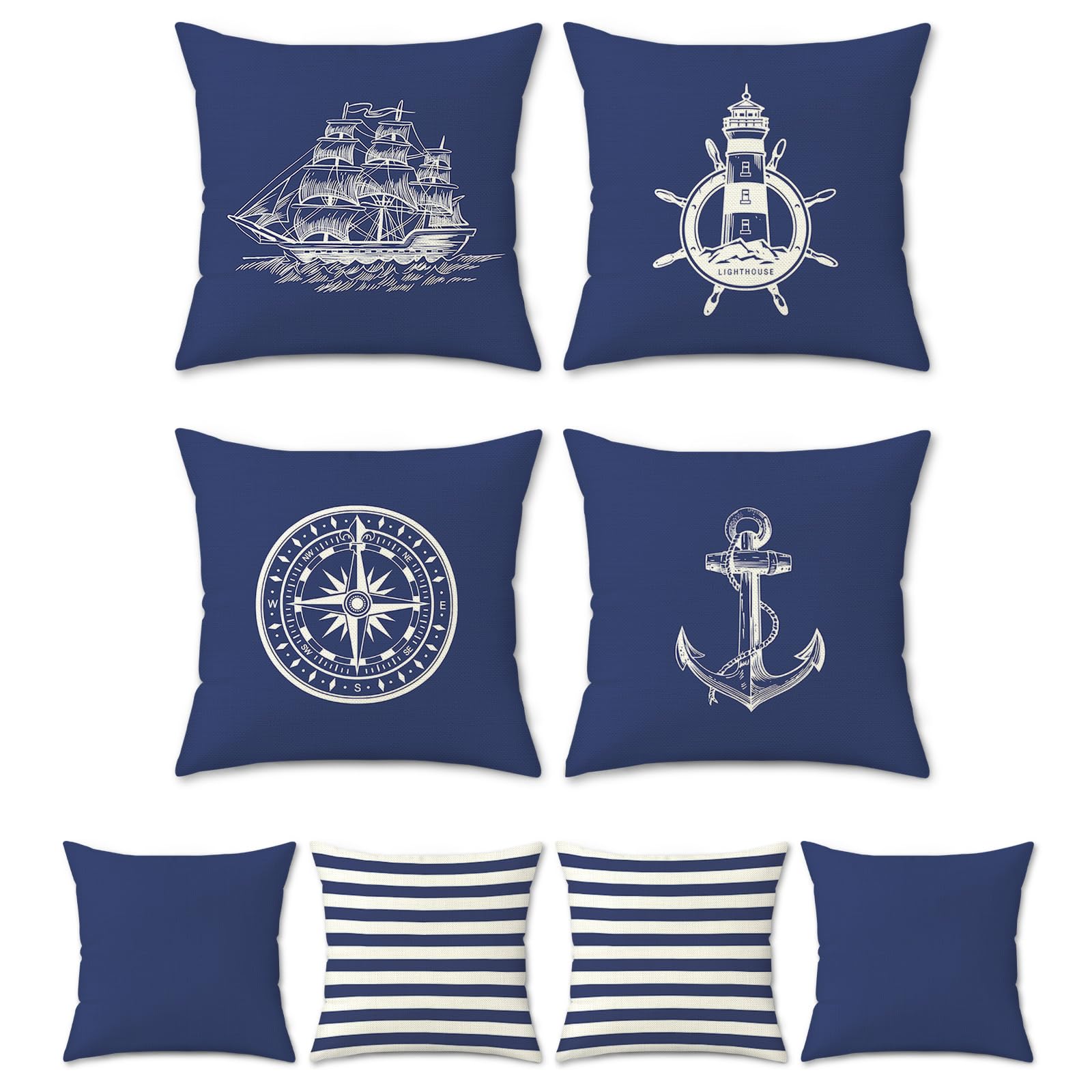 Nautical Navy Blue Pillow Covers 18x18 Set of 4 Anchor Lighthouse Sailboat Compass Decorative Pillow Cases Linen Cushion Covers for Sofa Couch Bed Lake House Home Decor