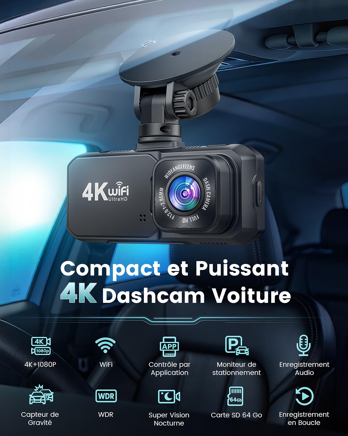 Dashcam Voiture Avant Arrière, 4K+1080P Double Caméra WiFi avec Application, Camera Embarquée Voiture IPS 3.18" avec Carte 64Go Gratuite, Camera Voiture avec Mode de Stationnement 24H