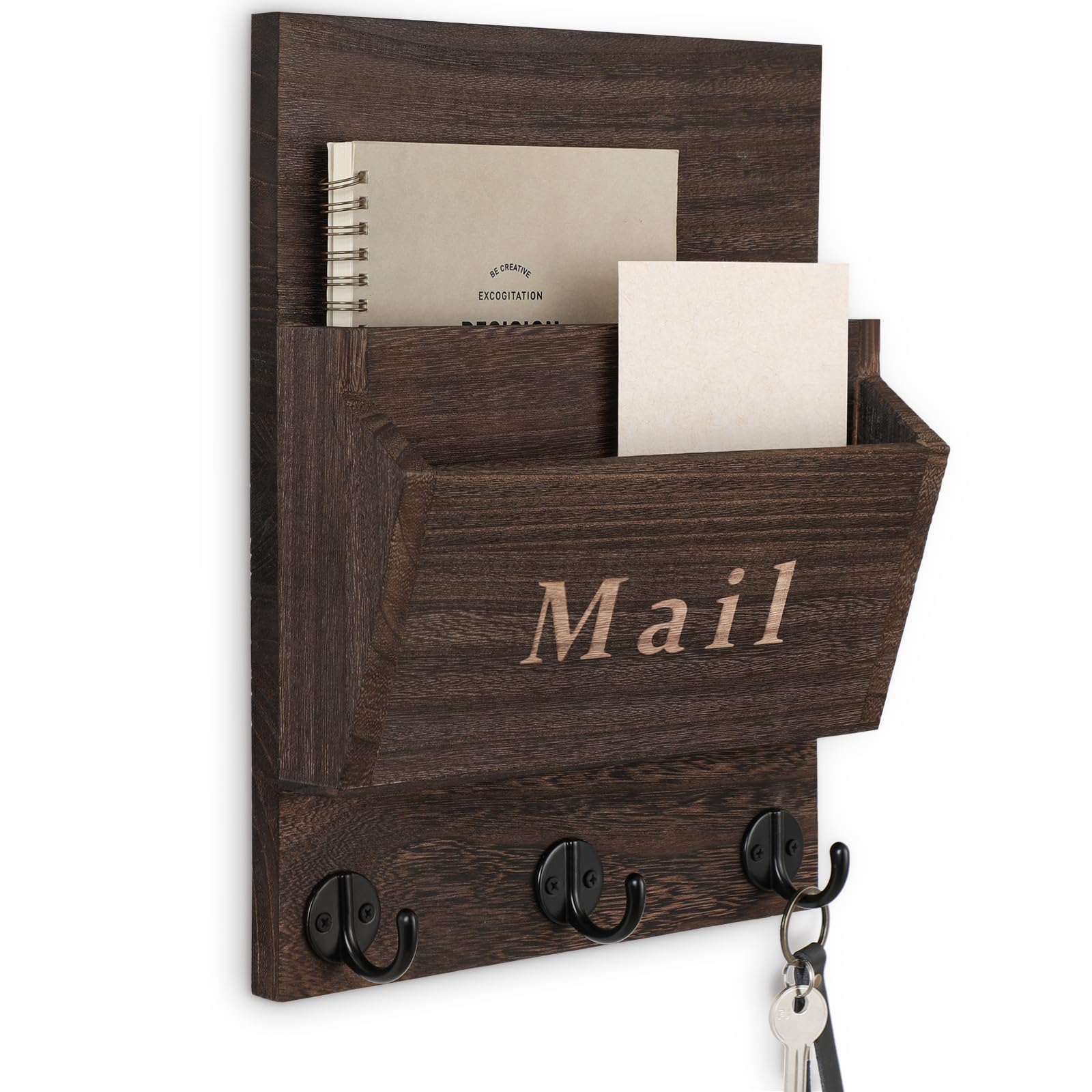 Mail and Key Holder, Wall Key Holder with 2 Mail Organizer Slot and 3 Hooks