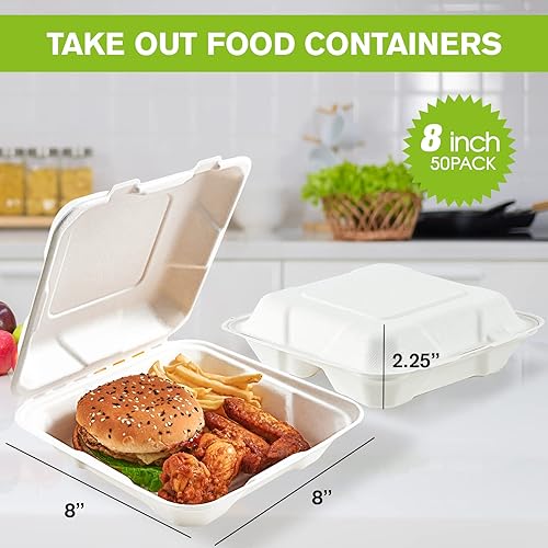 Miniatura 19 de ECOLipak Paquete de 50 recipientes de comida para llevar, 100% compostables, desechables, para llevar, 8 x 8 pulgadas, 3 compartimentos resistentes