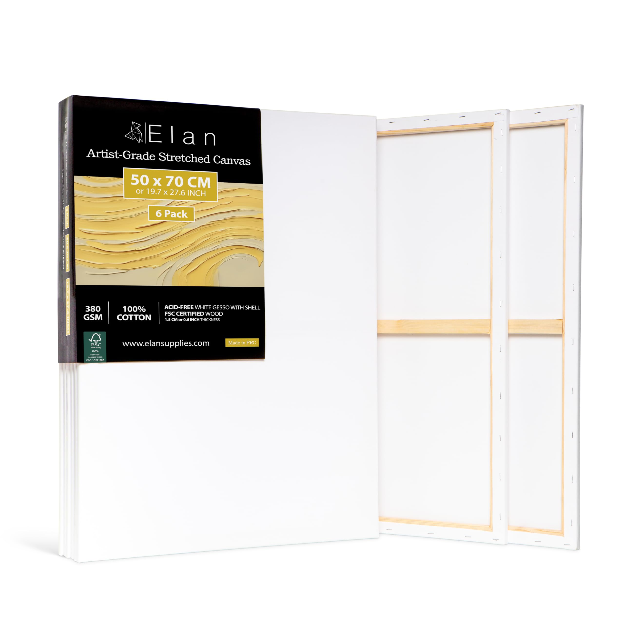 Elan Keilrahmen Leinwand 50x70, 6er Set Leinwände zum Bemalen 380g/m² | 6er-Set 50x70 CM, Schwerere 380g/m² Baumwolle Leinwand zum Bemalen, Säurefrei, Dreifach Grundierte Leinwand für Ölfarben