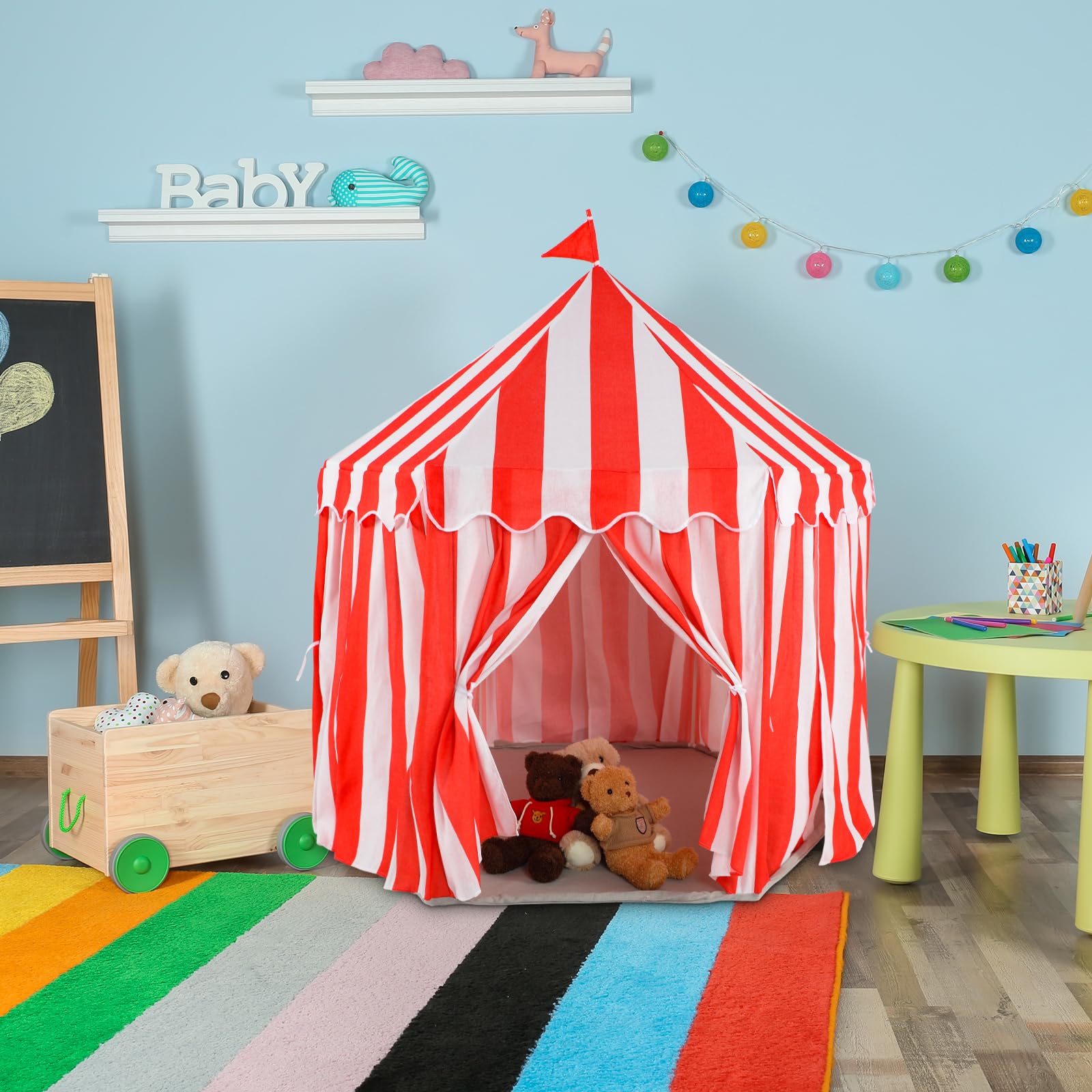 Tienda de campaña grande para niños, 55 x 53 pulgadas, casa de juegos para niños, tienda de campaña a rayas rojas y blancas para carnaval, suministros para jugar y juegos, juguetes de 7