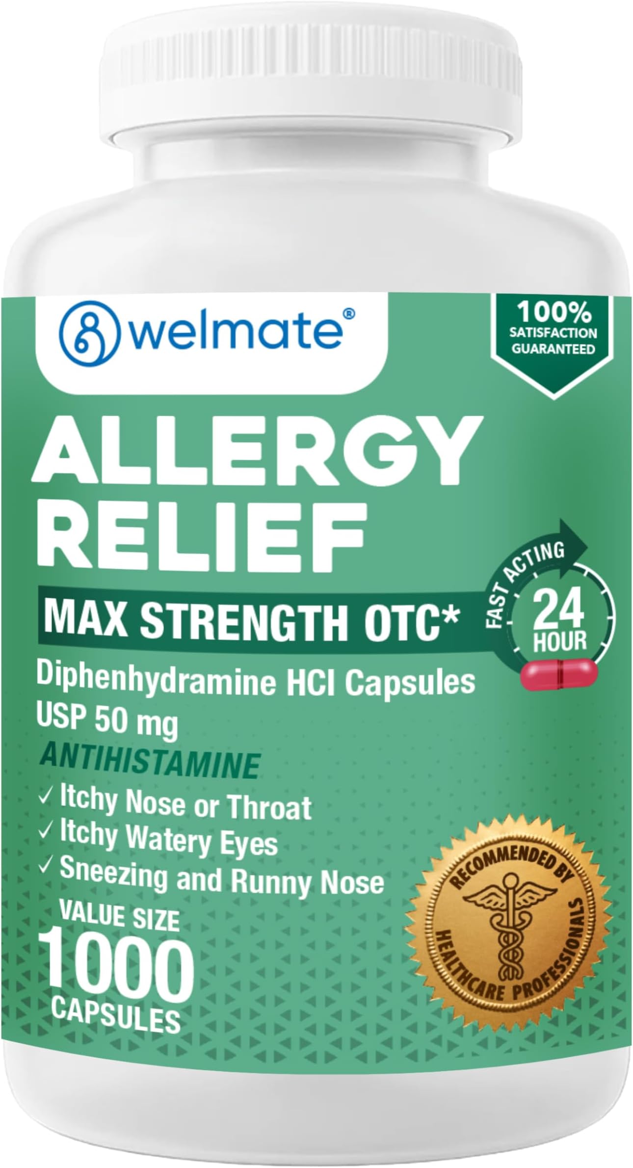 WELMATE Allergy Relief - Diphenhydramine 50 mg - 1000 Count Capsules - Antihistamine - Allergy & Cold Symptoms - Sneezing, Runny Nose, Itchy Eyes & Throat