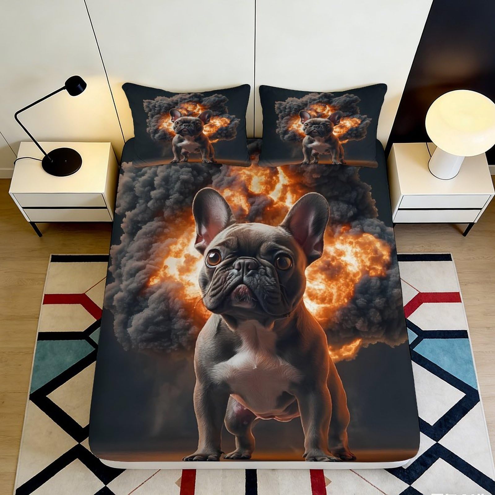 3D Printed French Bulldog Explosion Fitted Sheet Microfiber Anti-Slip Mattress Cover Bedroom Decor Easy Care 90x200x25cm
