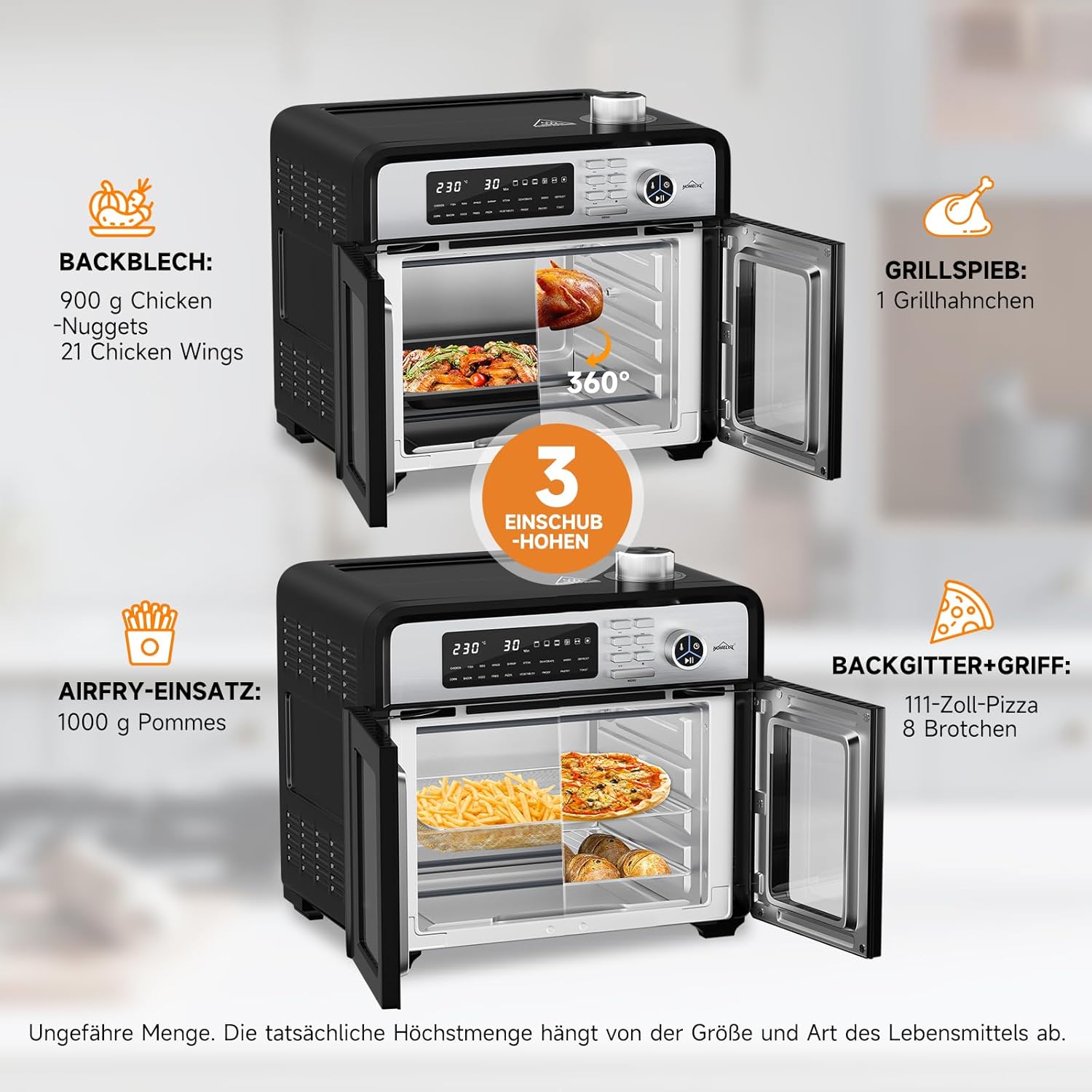 HOMELUX Air Fryer Oven showing 3 insertion heights and examples of food quantities for baking tray, rotisserie spit, air fry insert, and baking rack.