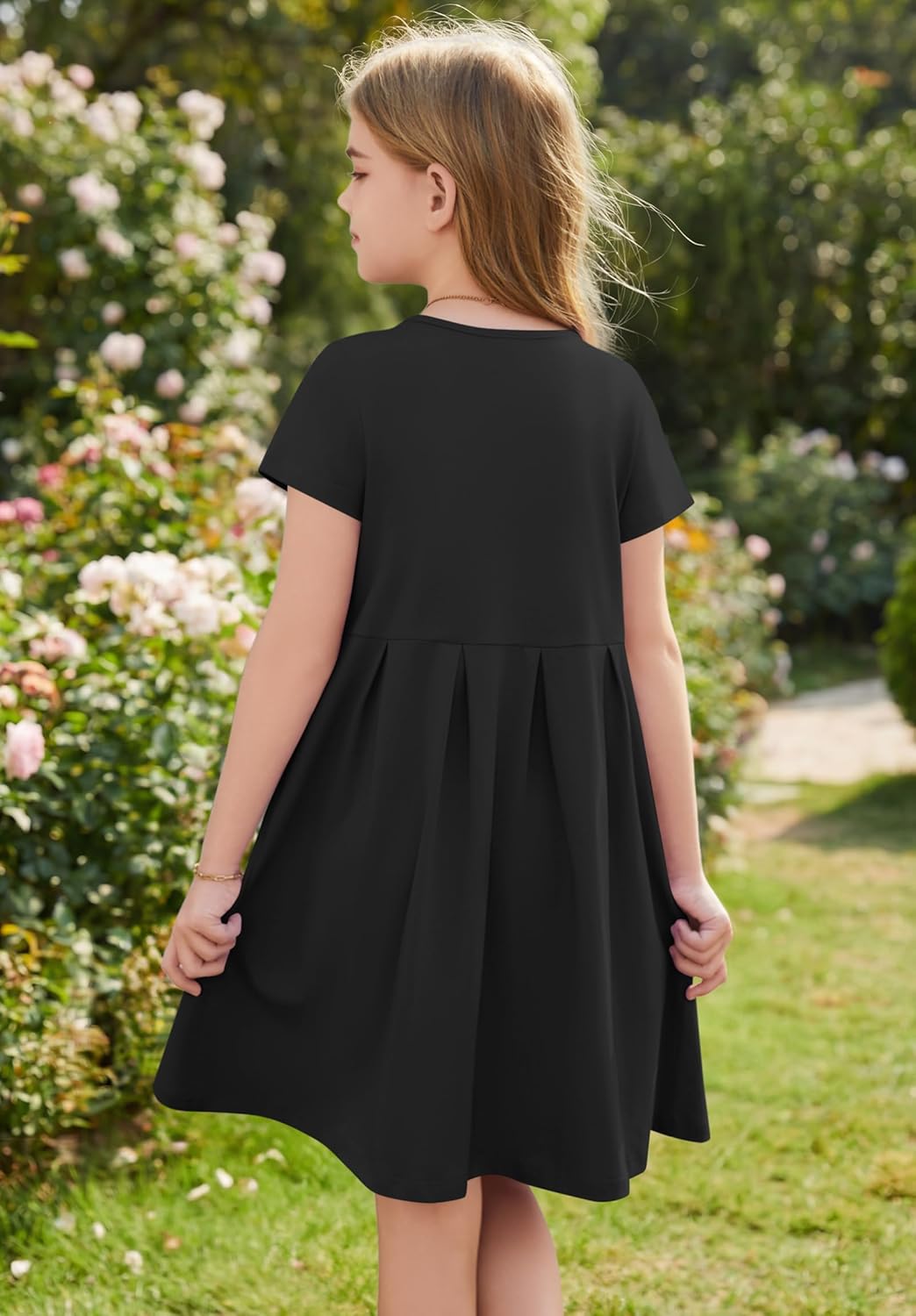 Girls Summer Short Sleeve Dress Kids Casual Crew Neck Pleated Loose A Line Swing Knee Length Cute Dress with Pockets - Image 2