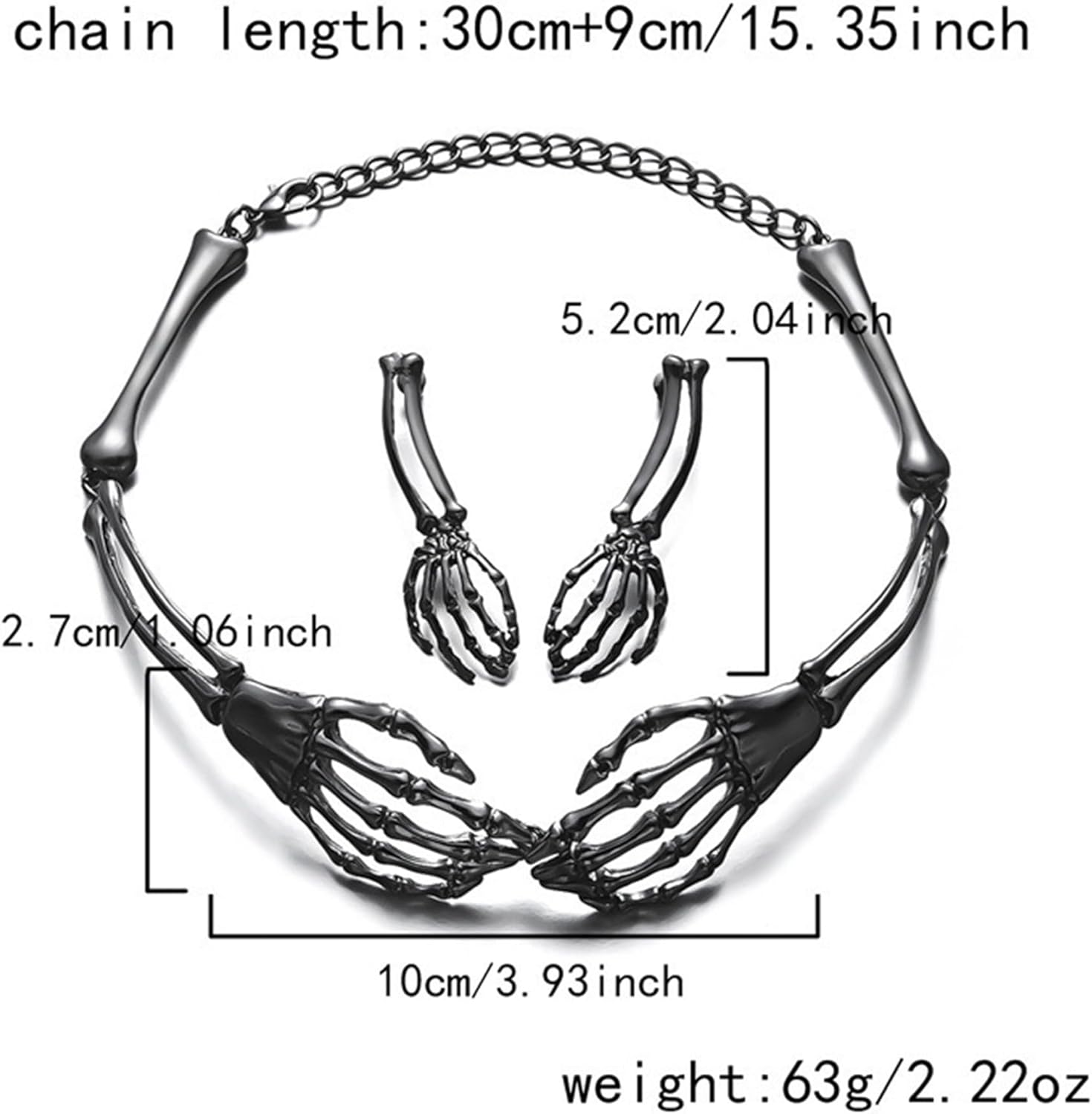Gothic Skeleton Necklace Earrings Set for Women Halloween Skeleton Hand Skull Choker Earrings Set Punk Vintage Black Skeleton Statement Jewelry Halloween Goth Costume Party Accessories - Image 7