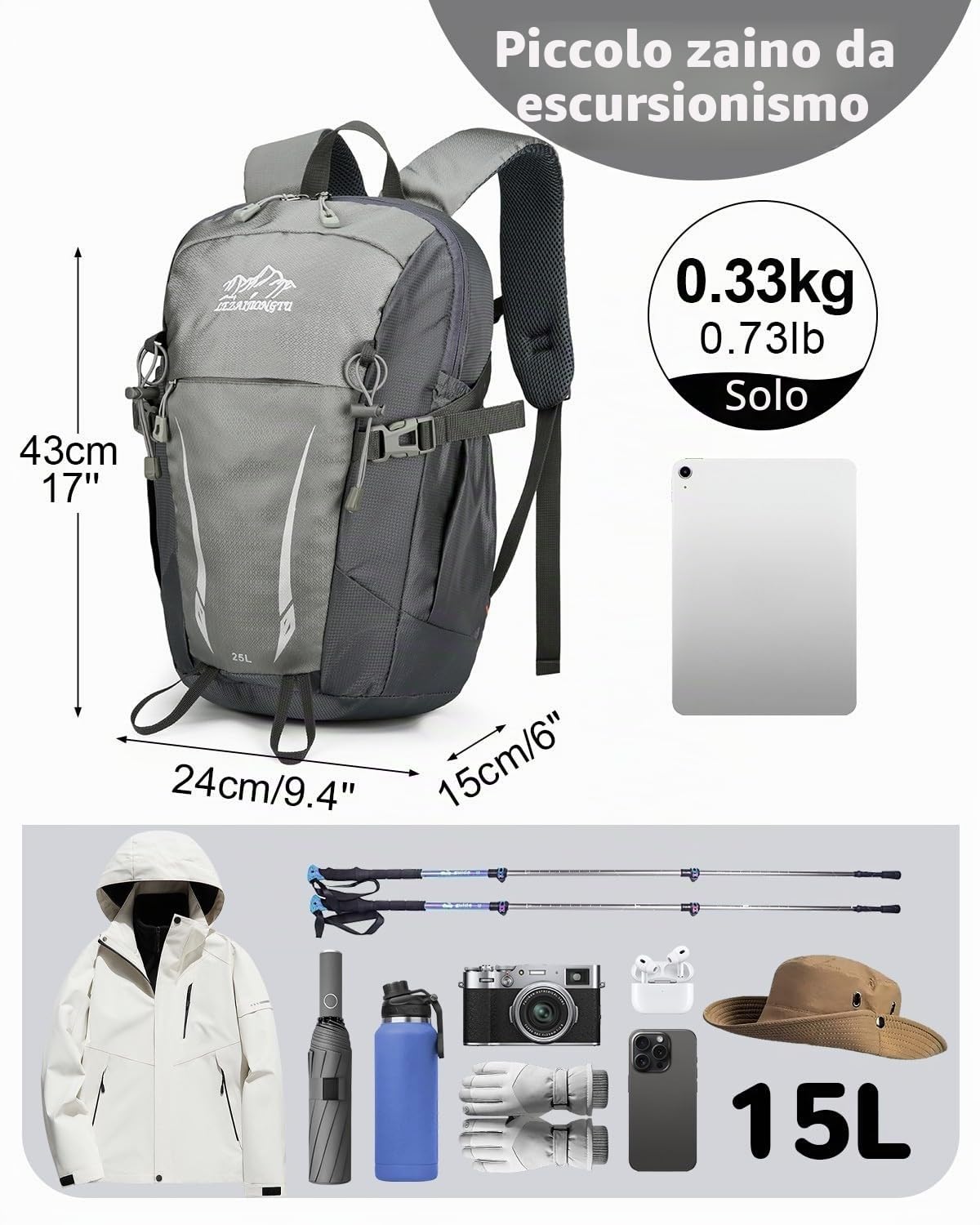 15L Zaino Trekking Uomo Donna, Zaino Escursionismo Piccolo con Striscia Riflettente, Zaini Sportivo Multitasche per Viaggio Campeggio, Grigio
