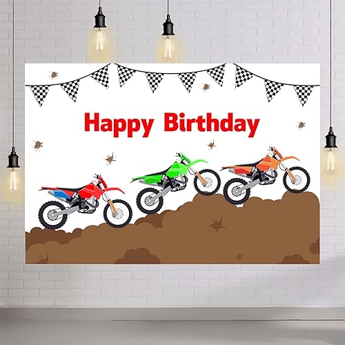 Miniatura 4 de Telón de fondo de cumpleaños de motocicleta de 7 x 5 pies para niños, carreras de moto, banderas de fiesta de cumpleaños, decoración de deportes