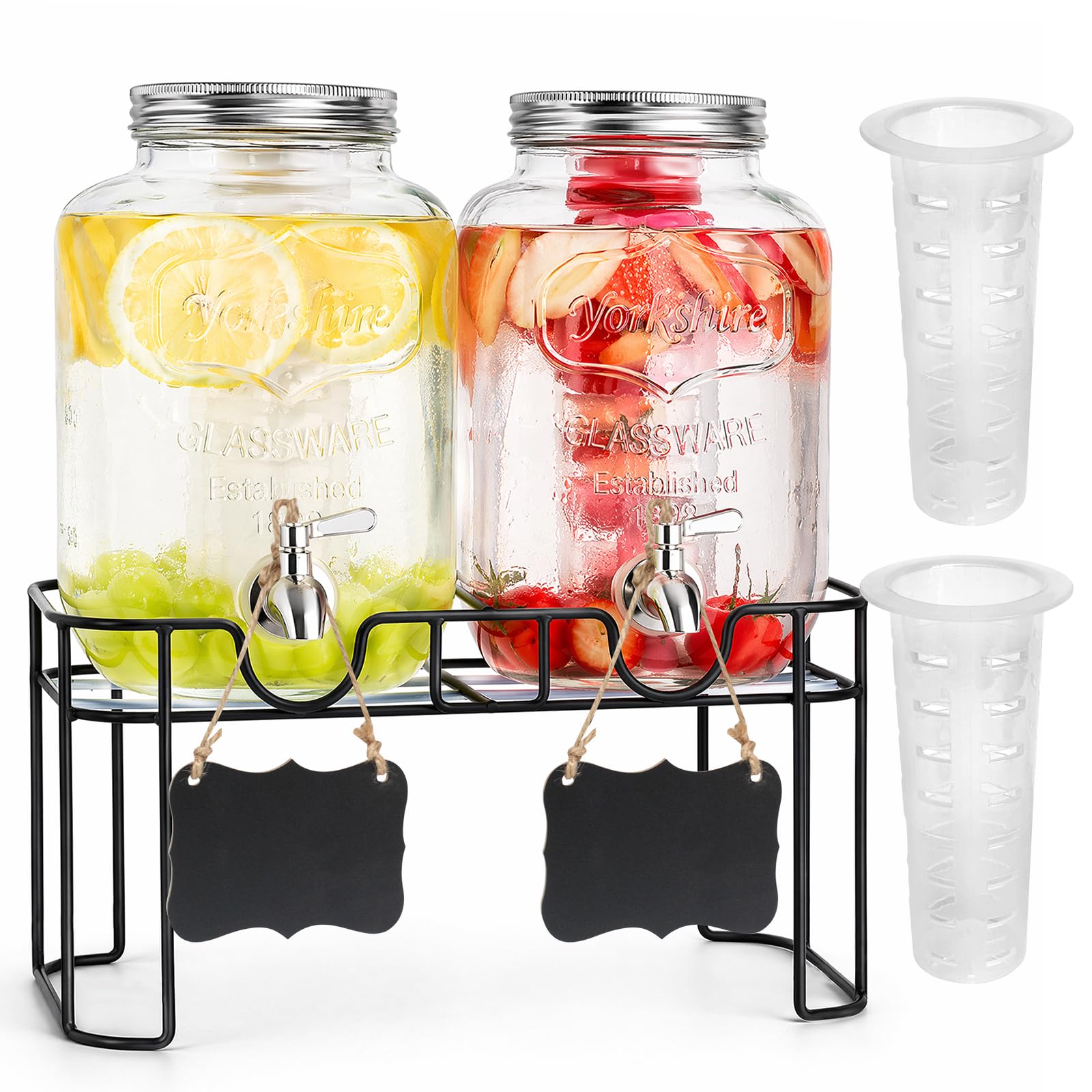 2 x 6L Glas-Getränkespender mit Ständer, Getränkespender, Glas-Wasser-Saft-Spender mit Zapfhahn aus massivem Edelstahl für geeiste Säfte, Wasser, hausgemachte Getränke, Partys, Hochzeiten