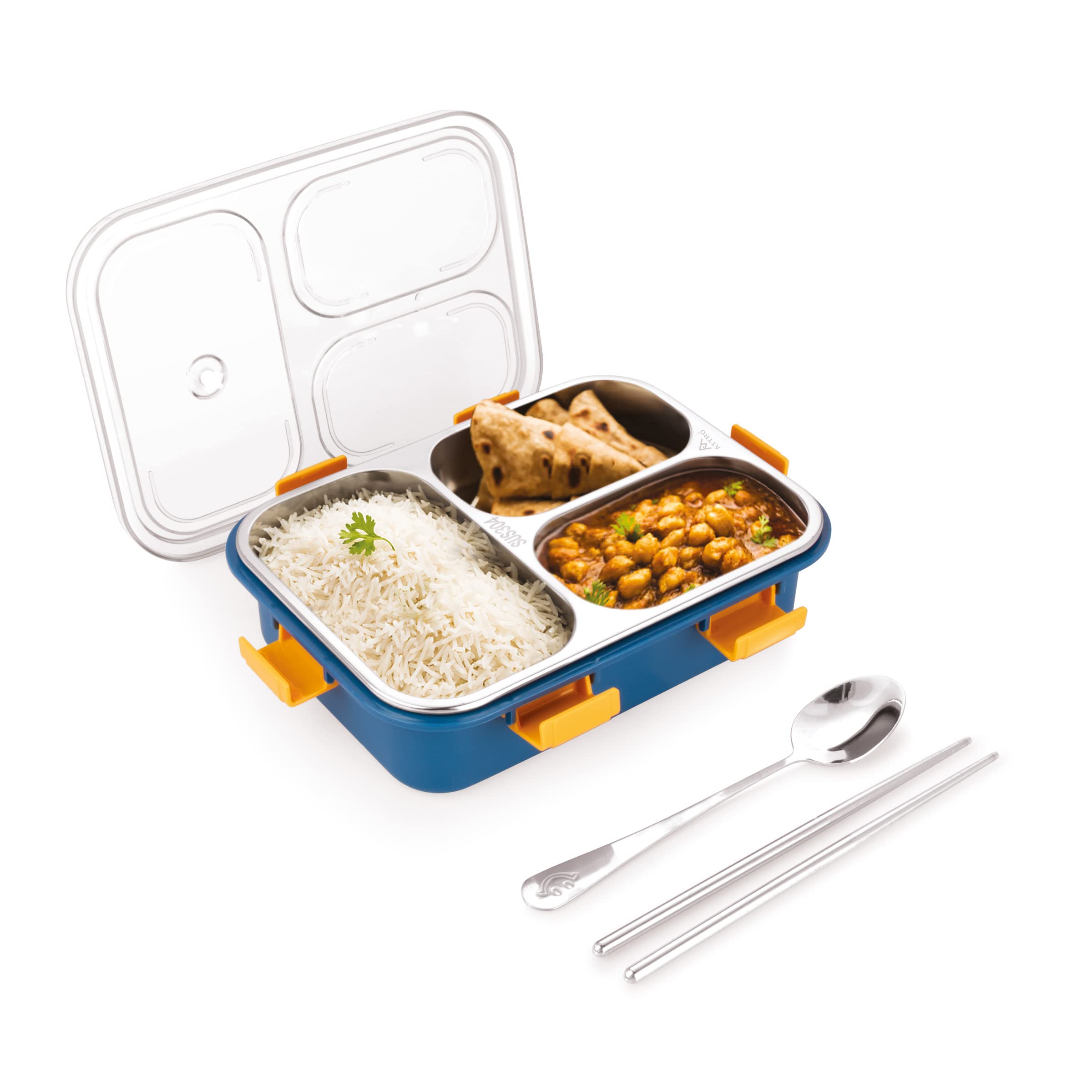 Attro Bento 3 Compartment Stainless Steel Lunch Box with Steel Cutlery Inside, Heating & Water Insulation Design for Office, School & Travelling, 750 Ml - Navy Blue