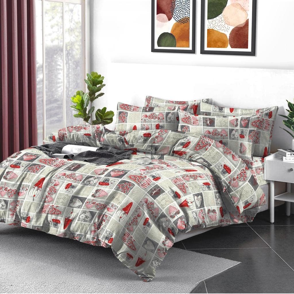 3PCS Double Duvet Cover Set 100% Egyptian Cotton Bedding Double Bed Set 400 Thread Count Floral Printed Heart Pattern Duvet Cover Double with Pillow Cases 2 Pack