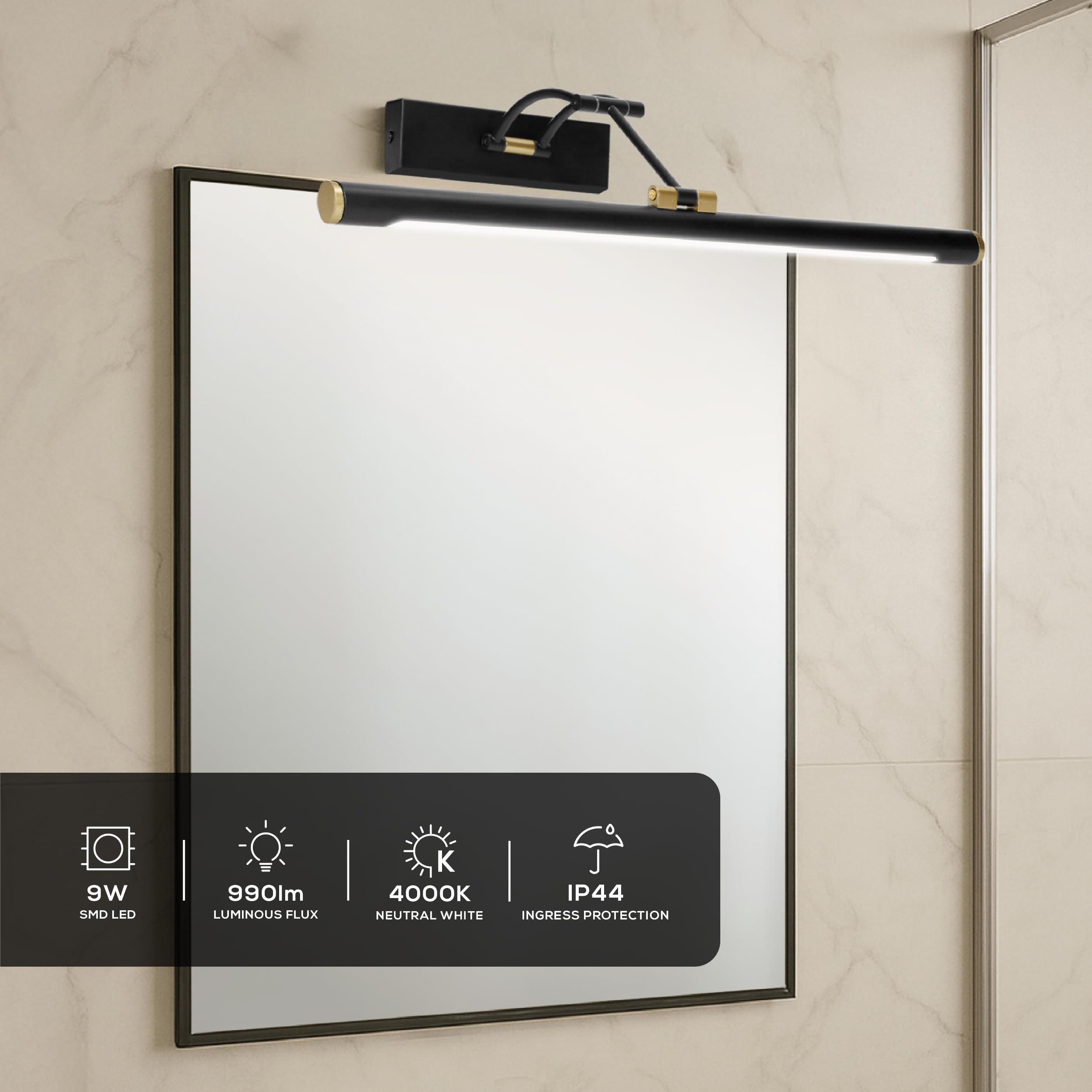 Lampada Specchio Bagno Colore Nero 4000K IP44 Applique Bagno Specchio con Braccio Mobile - Regolazione dell'Angolo di Illuminazione Design Moderno (40cm / 7W / 770lm)