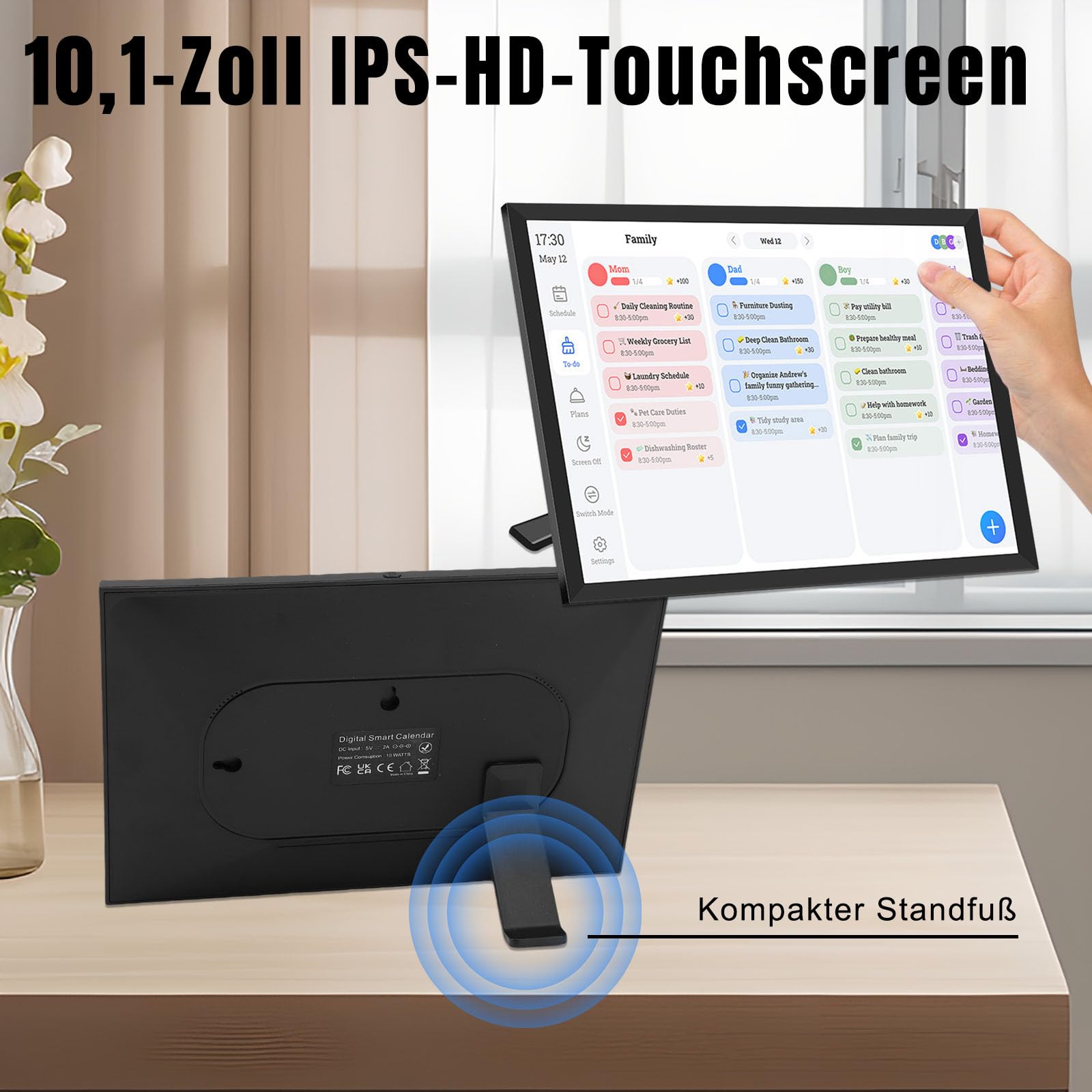 Banapoy 10.1" Digitaler Kalender mit Bilderrahmen, WIFI Touchscreen | Elektronischer Familienplaner mit HD IPS Display, Haushaltsplaner für Büro & Zuhause, Tischaufstellung
