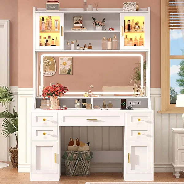 75" Vanity Desk with Mirror and Lights, Makeup Vanity with 5 Drawers & 2 RGB Door, White Vanity with Charging Station, Big Vanity Table with Lighted Mirror, 3 Color Lighting Modes, for Bedroom