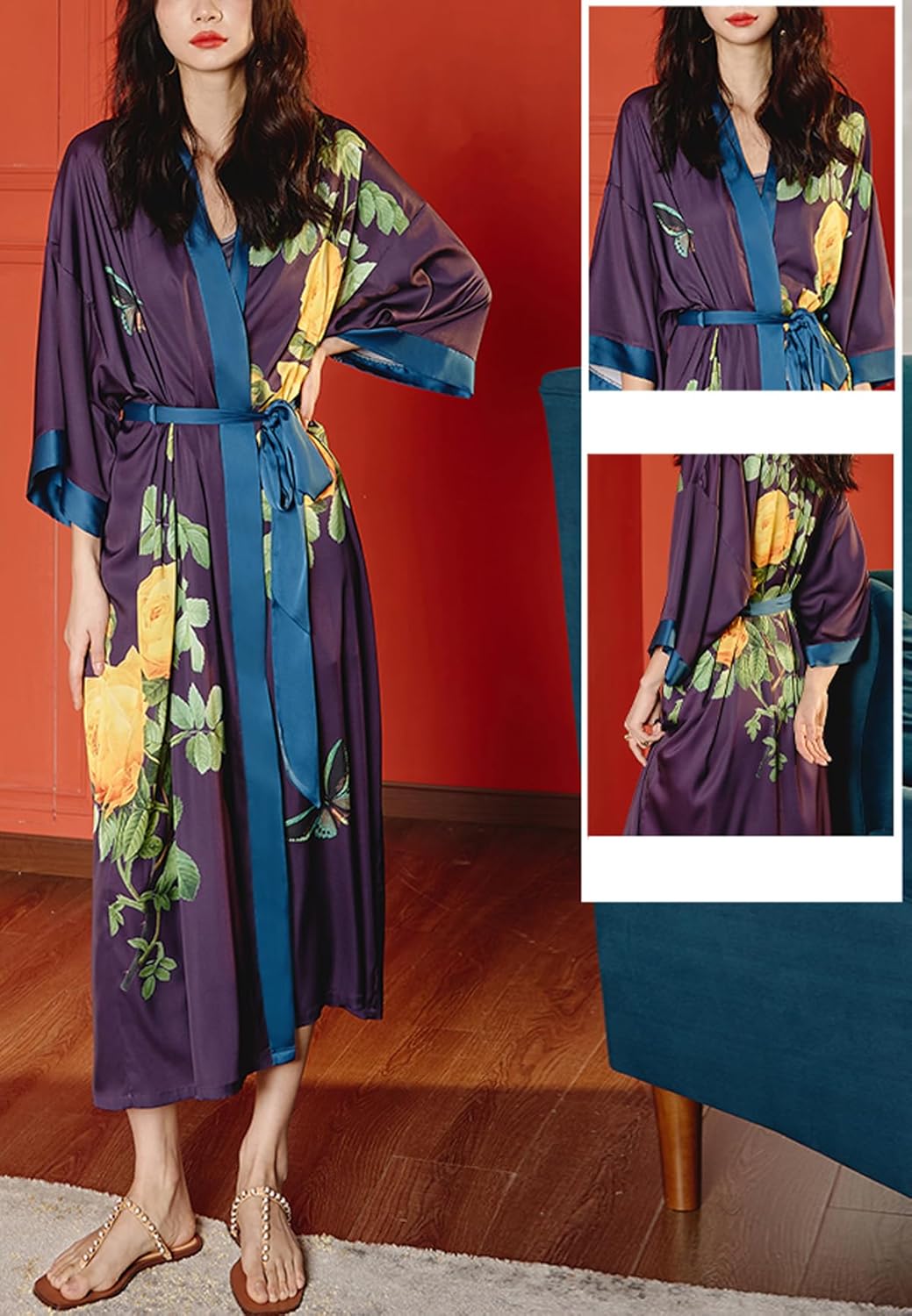 Silk Satin Robe for Women Long Japanese Kimono Robe Lightweight Soft Bathrobe Floral Luxury Dressing Gown - Image 3