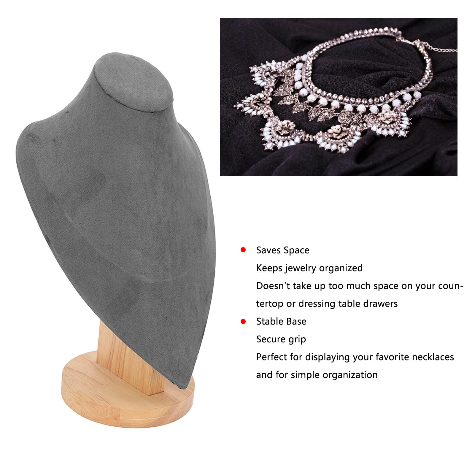 Cyrank Necklace Jewelry Display Bust Stand, Solid Wood Necklace Stand Pendant Chain Organizer for Show Jewelry Showcase Display Holder(Gray)