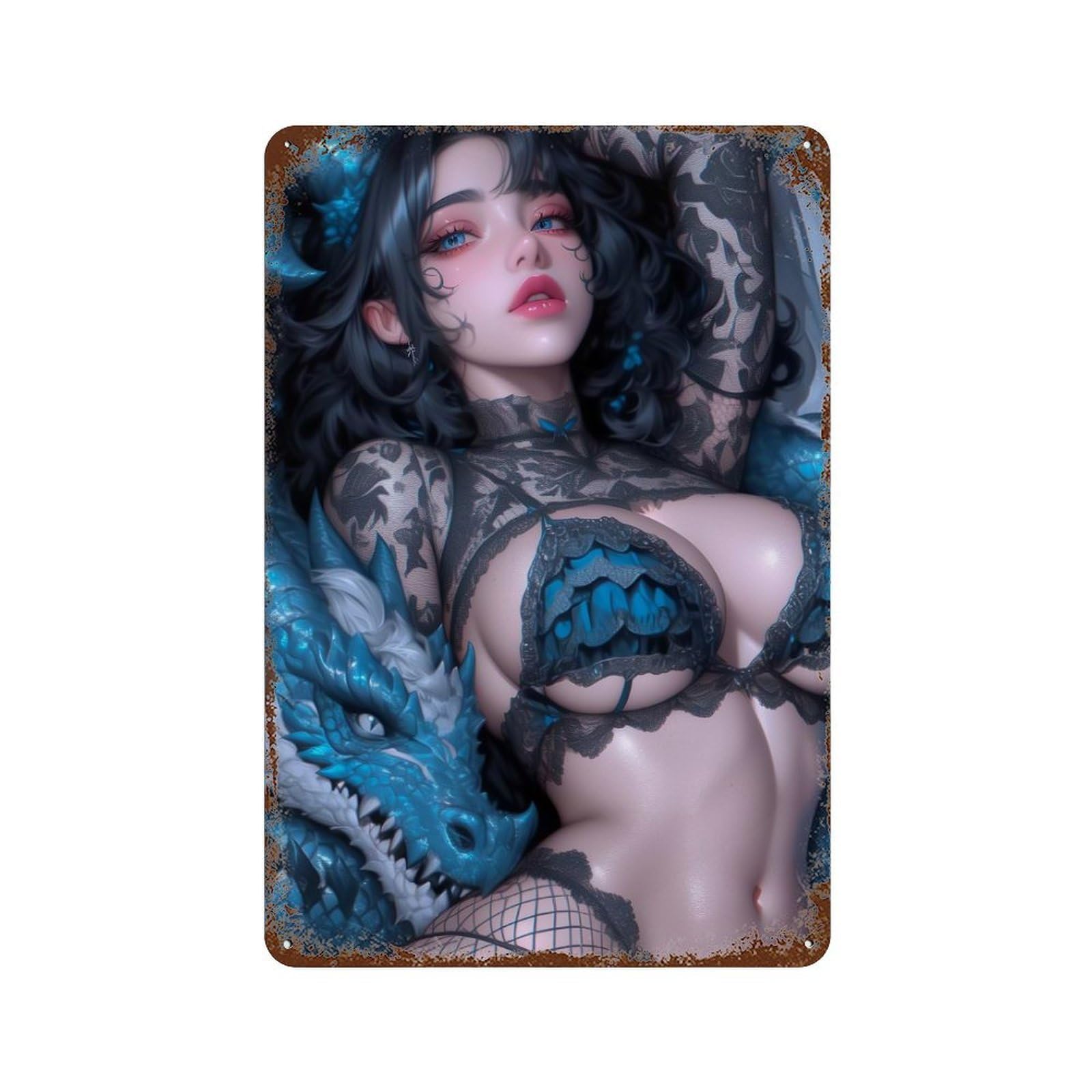 Dragon And Woman Rust Effect Tin Sign 11.8"x7.9", Vintage Wall Decor for Pub, Kitchen And Man Cave Decor