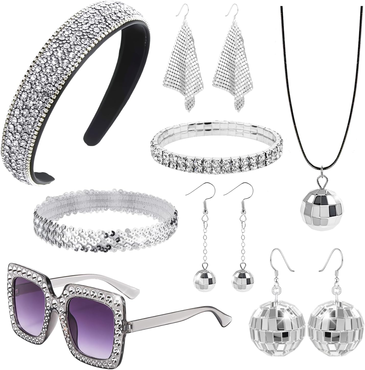 8Pcs 70s Disco Accessories for Women Disco Costume Jewelry Set Rhinestone Headbands Sequin Scarf Earrings Sunglasses Headband Rhinestone Bracelet Disco Ball Earrings Necklace