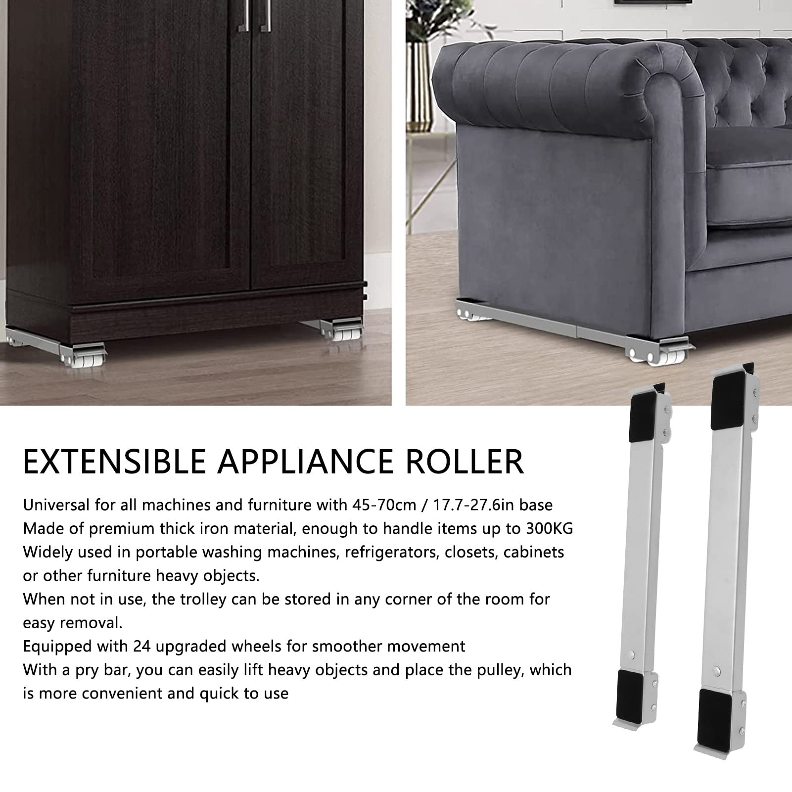 Rullo Universale per Elettrodomestici con Barra di Leva, 300 Kg di Carico 45-70cm Base Mobile Estensibile per Mobili Carrello Mobile per Lavatrici, Frigoriferi, Asciugatrici(D'argento)