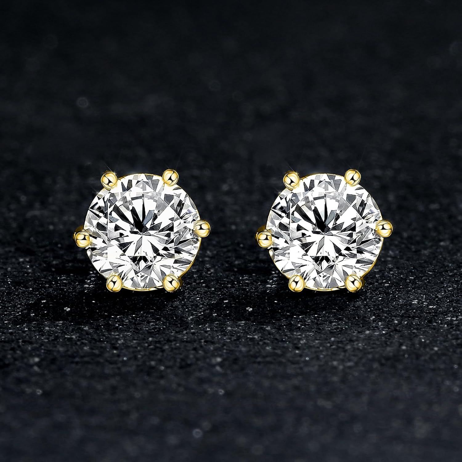 925 Sterling Silver Stud Earrings Set for Women Men 18K Yellow Gold Plated, 6 Prong Hypoallergenic Cubic Zirconias Silver CZ Studs Earrings Pack of 4 Pairs 4-7mm