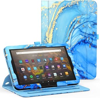 ZoneFoker Case for Fire HD 10 Tablet 13th/ 11th Generation 2023/2021 Released, 360 Degree Rotating Stand PU Leather Cover with Pencil Holder, Auto Sleep/Wake for HD 10/10 Plus, Marble Blue