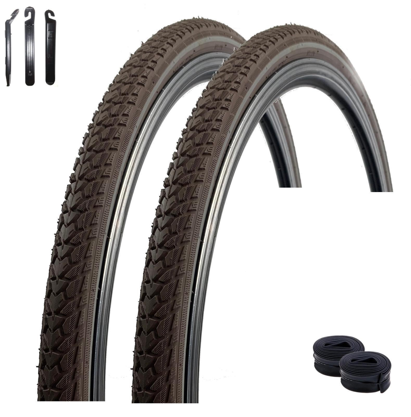 Rexway, 2 pneumatici da bicicletta da 28", protezione antiforatura, catarifrangente, colore marrone, 37-622 (28 x 1 5/8 x 1 3/8) + 2 tubi AV con leva per pneumatici