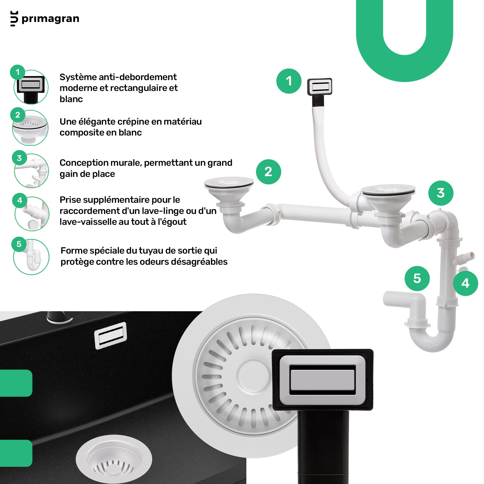 PRIMAGRAN Evier Cuisine en Granit Tout Blanc 90x50cm, Lavabo 1,5 bacs + Kit de Vidage, Évier à Encastrer au Meuble 60cm - Copenhague Duo S008