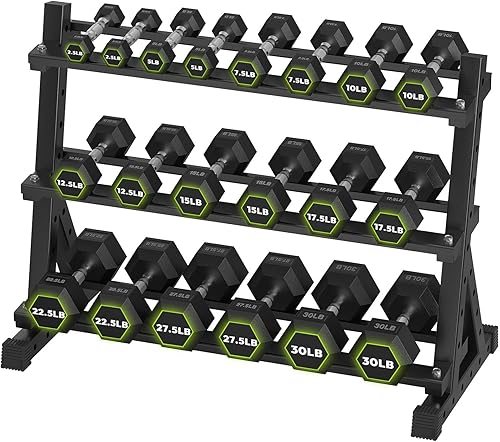 HANDBODE Juego de mancuernas hexagonales con estante, 290-670 lb juego de mancuernas de ejercicio y fitness con revestimiento de goma, peso de mano