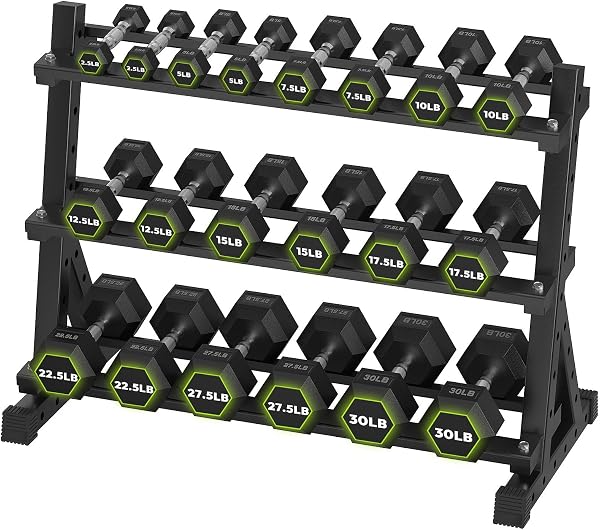 HANDBODE Hex Dumbbell Set with Rack, 300-840 lb Rubber Coated Fixed Weights Sets with Heavy Duty Storage Stand, Hexagon