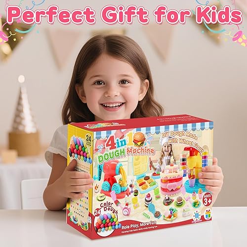 Miniatura 7 de Juego de 4 en 1 de plastilina de colores para cocina, máquina de creación de helado, fideos, hamburguesas y pastel, juguetes de modelado