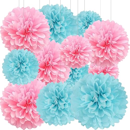BRZIKWT 12 pompones de papel de seda rosa y azul para revelación de género, fiesta, techo, colgar en la pared, decoración de flores (8, 10 y 12