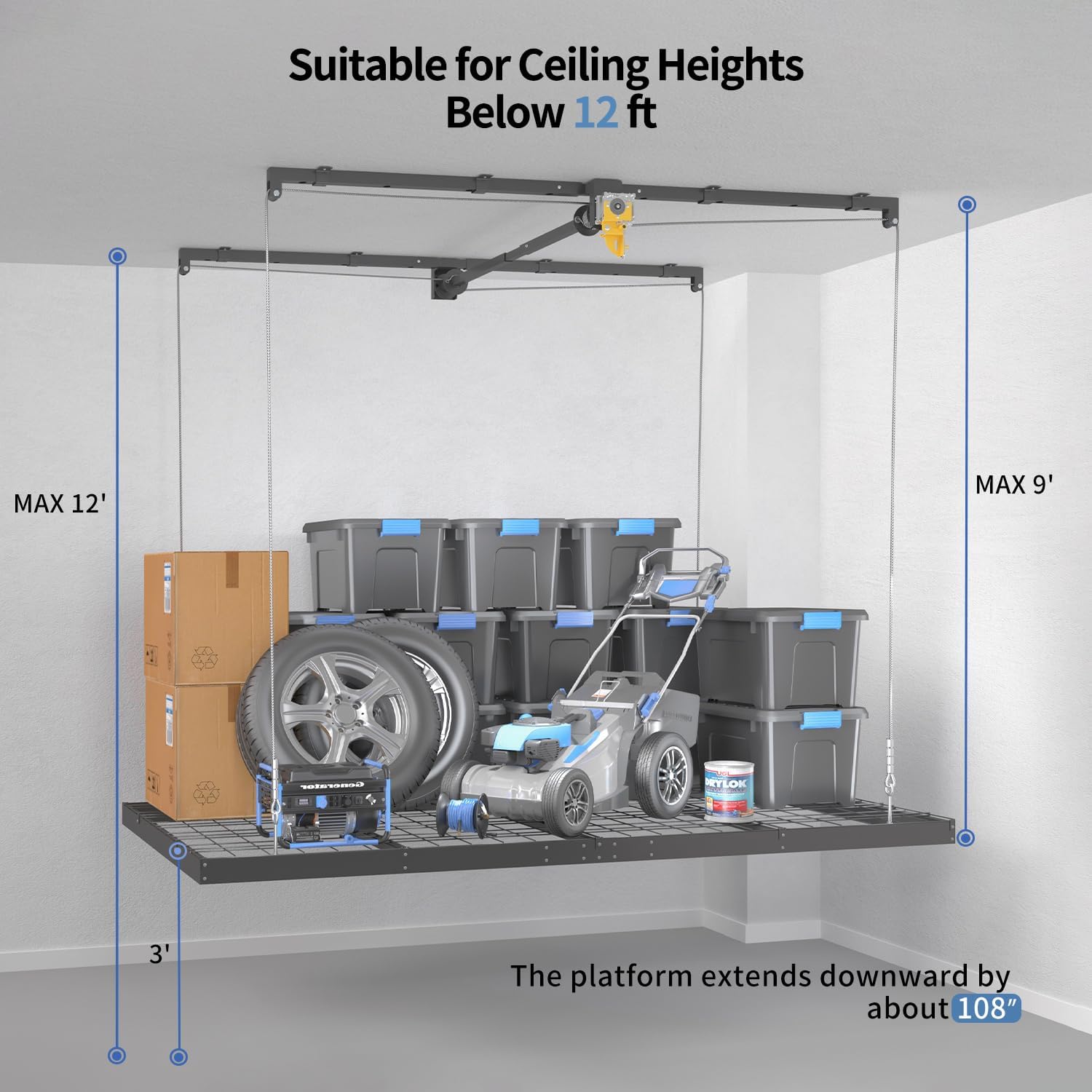 Overhead Garage Storage Rack – 4x8 FT Garage Ceiling Storage Racks with Safety Lock, Heavy-Duty Ceiling Mounted Lift System and Storage Organizer, Ideal for Maximizing Overhead Space, 325 lbs Capacity - Image 3