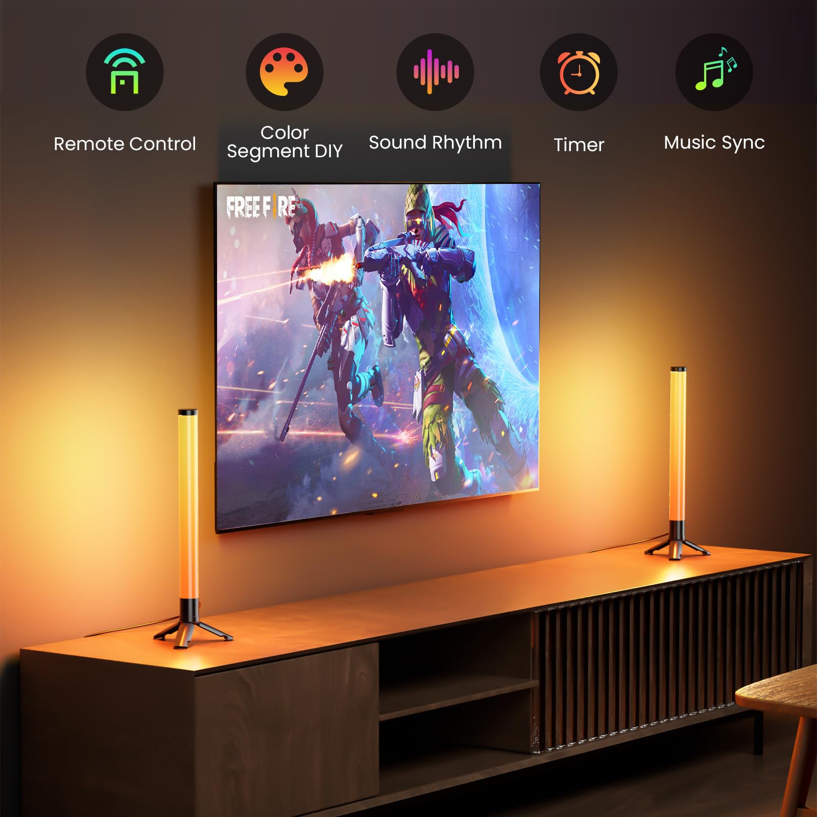 TJOY Barras de luz inteligentes de 360°, retroiluminación de TV con sincronización de música, barra de luz RGB alimentada por USB, luces LED de juego en el escritorio, iluminación ambiental para PC