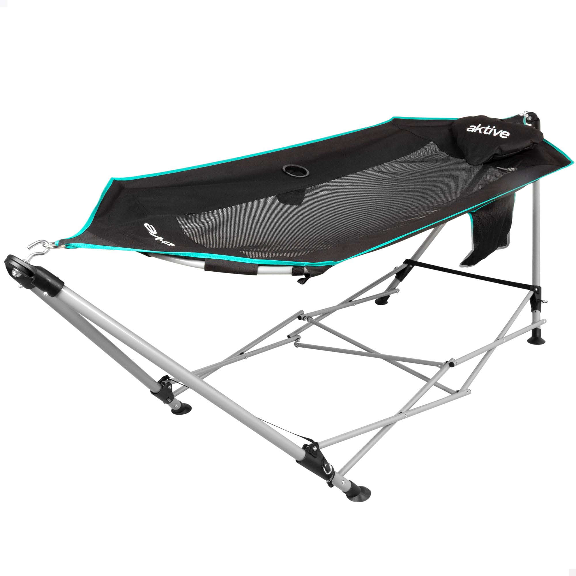 AKTIVE Hamaca Plegable con Estructura de Acero, Asiento de poliéster con Malla y Posavasos, Color Negro, 265 x 78 x 80 cm, Carga máxima 110 kg (63165)