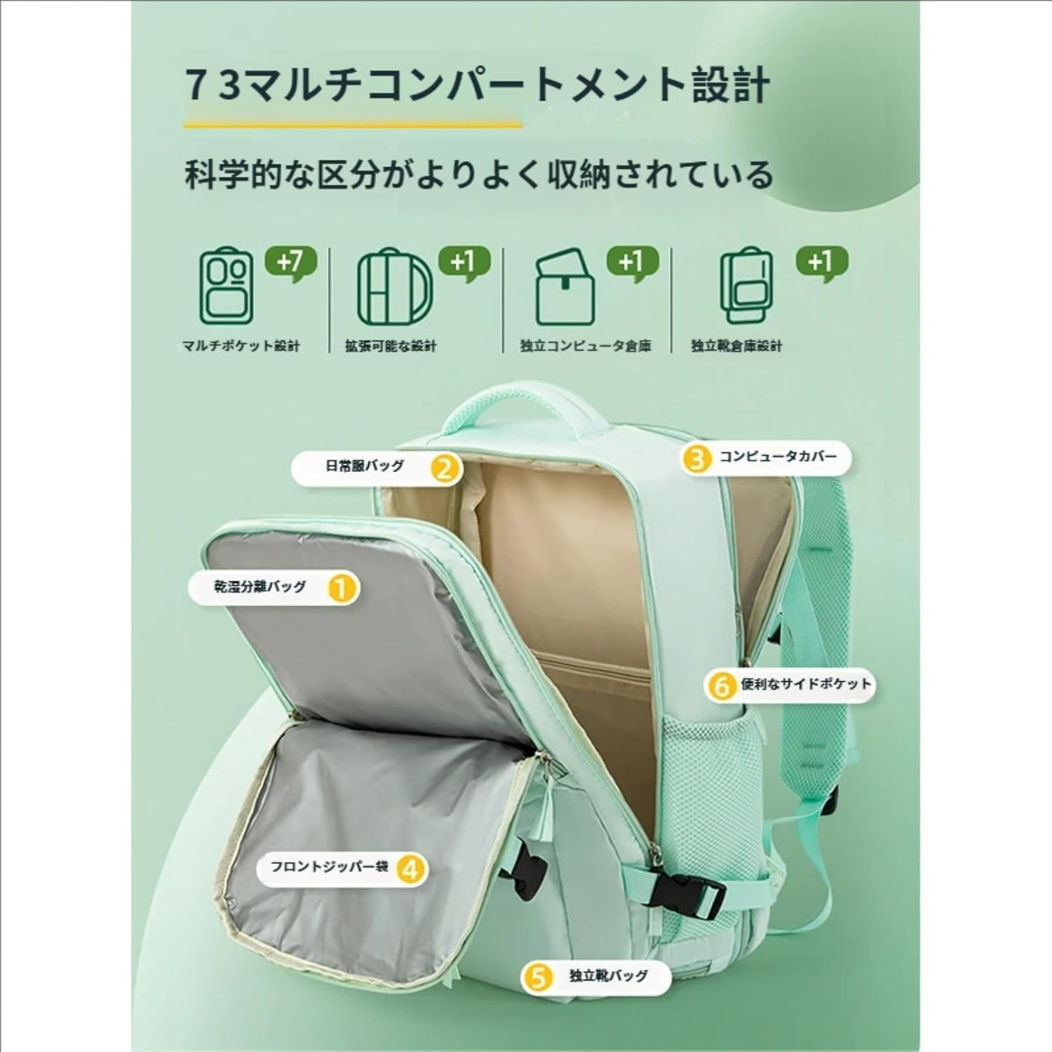 [Ziuuihu] 大型トラベルバックパック 男女兼用 拡張可能 キャリーオン対応 USB充電ポート&amp;シューズポーチ付き