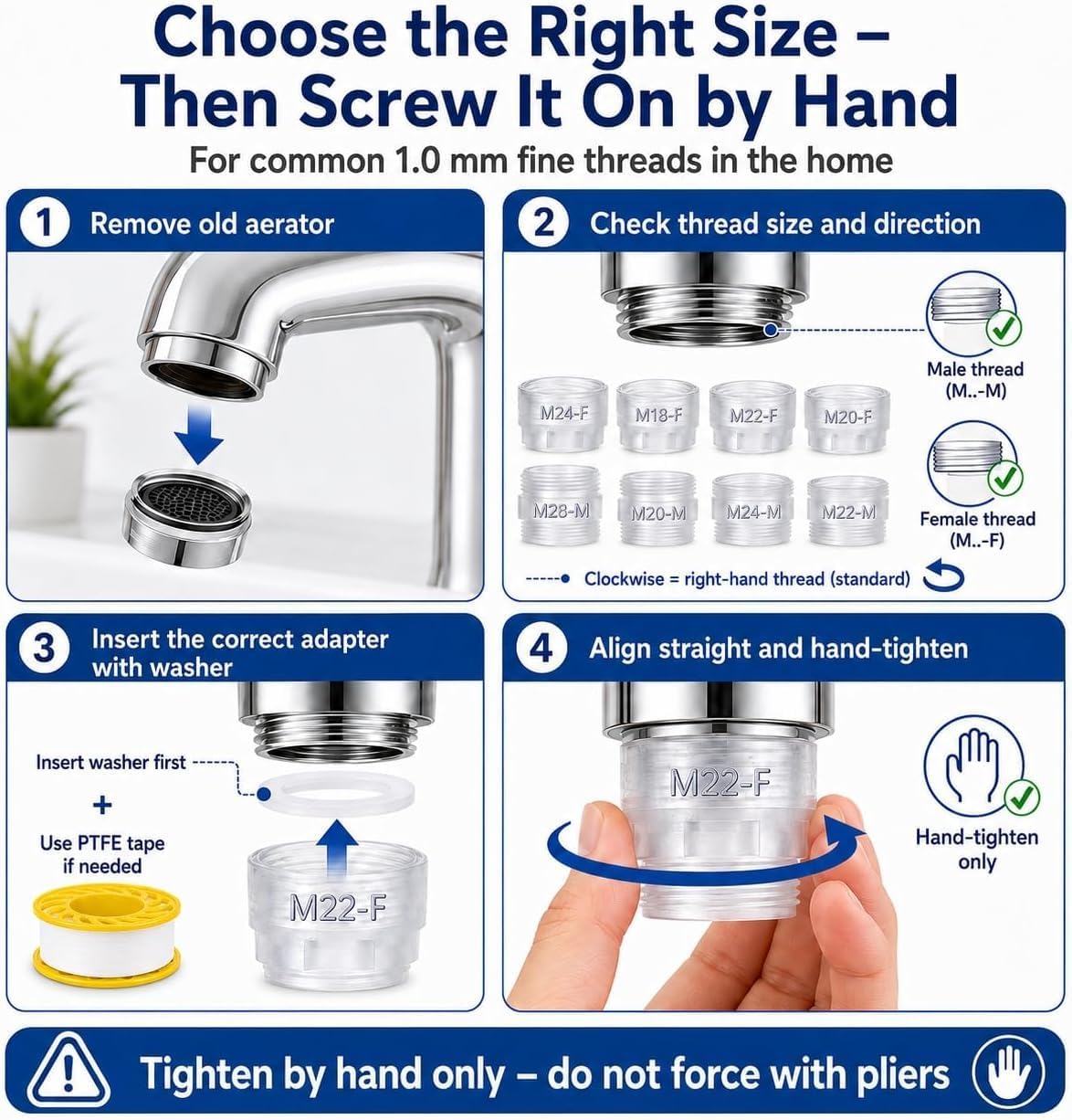 Faucet Adapter Kit, 8 Thread Sizes M18-M28, Includes U.S. Sizes 15/16"-27 and 55/64"-27, for Removable Faucet Aerators and Standard M22 Male Faucet-Mounted Accessories, BPA-Free ABS