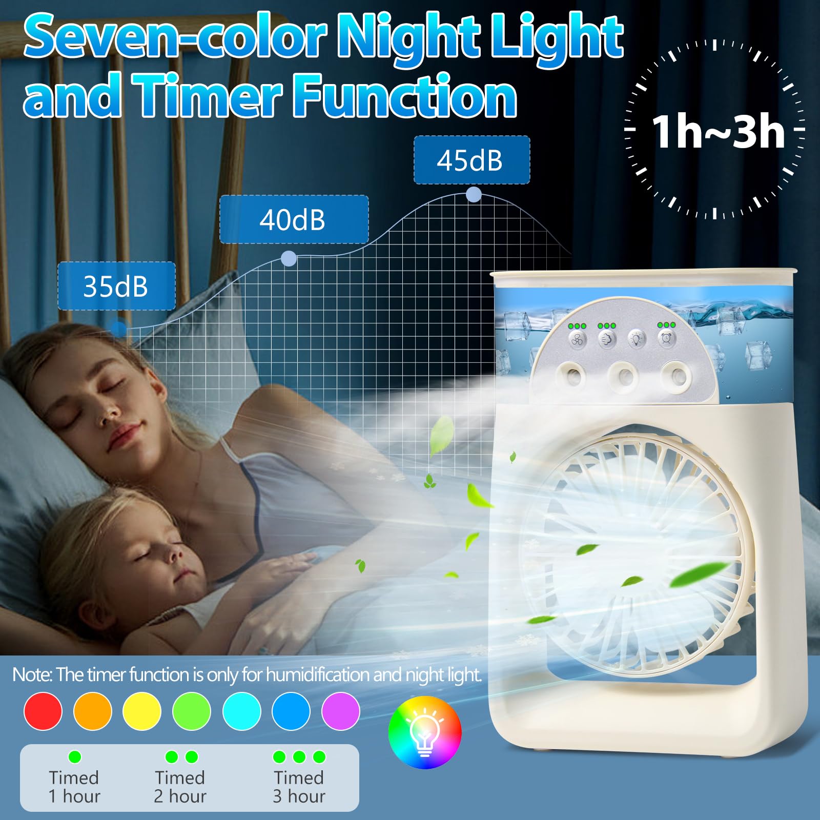 Mini Aire Acondicionado Portatil,3 en1 Mini Enfriador de Aire de 250ml, Mini Refrigerador de Aire Móvil Ventilador USB,3 Velocidades,7 LED Climatizador Portatil para Dormitorios,Oficinas