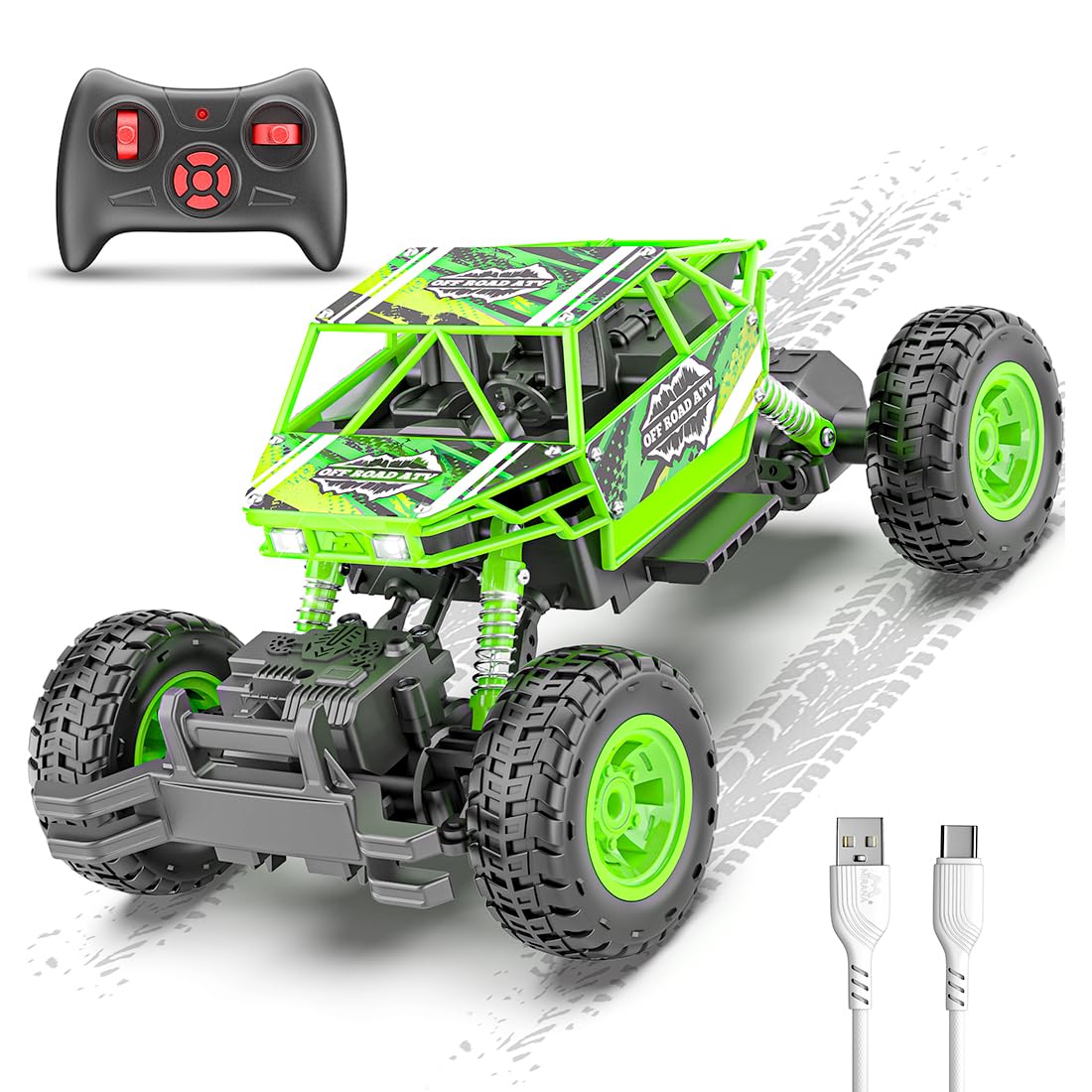 Duster 4WD 4x4 RC Car | High Speed ATV Remote Control Rock Crawler | C-Type USB Rechargeable Offroad Monster Truck | Spring Suspensions | Fun Outdoor Toy for Kids (4 Wheel Drive, Green)