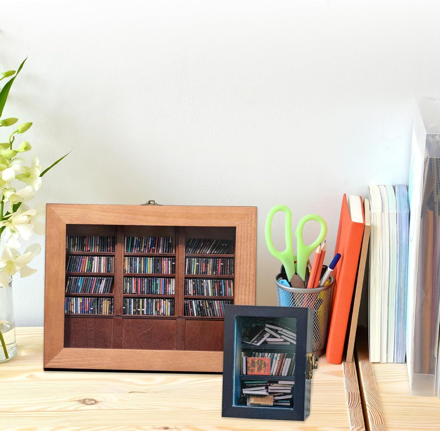 Anxiety Bookshelf Ornament, Stress Reliever, Mini Bookcase Shake Bookshelf Shake Away Your Anxiety, Handmade Miniature Book Display Case Cabinet, For Home Room Living Room Office