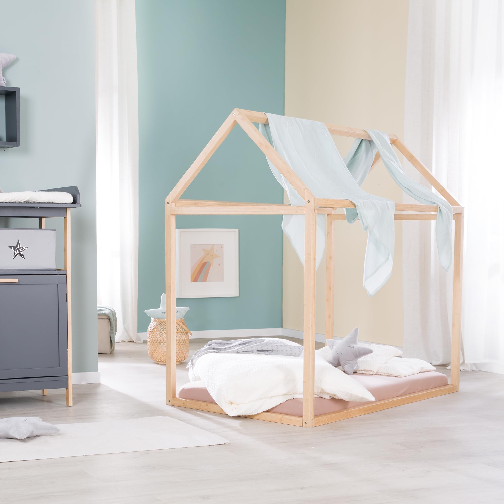 roba Hausbett Montessori 70 x 140 cm - Kinderbett aus FSC zertifiziertem Massivholz - Bambus natur