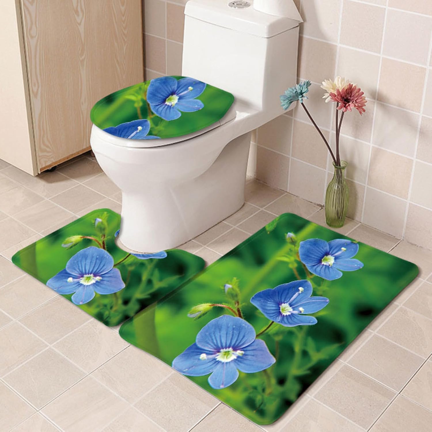 Set di tappetini da Bagno 3 Pezzi Blu Verde Fiori Antiscivolo per Bagno Tappeto Lavabile in Memory Foam Tappeto copriwater tappetini a Forma di U 50x80 cm