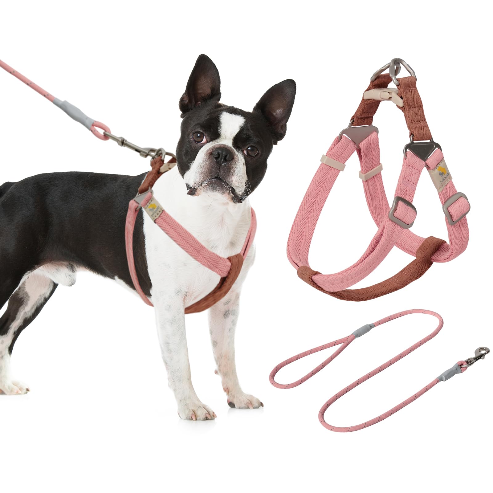 BELLA & PAL Arnés y Correa para Perros Medianos, Arnés de Nailon Ultraligero y Transpirable, Arnés Ajustable Sin Asfixia, Arnés Anti-Tirónes para Perros y Correa, Rosa y Marrón, M