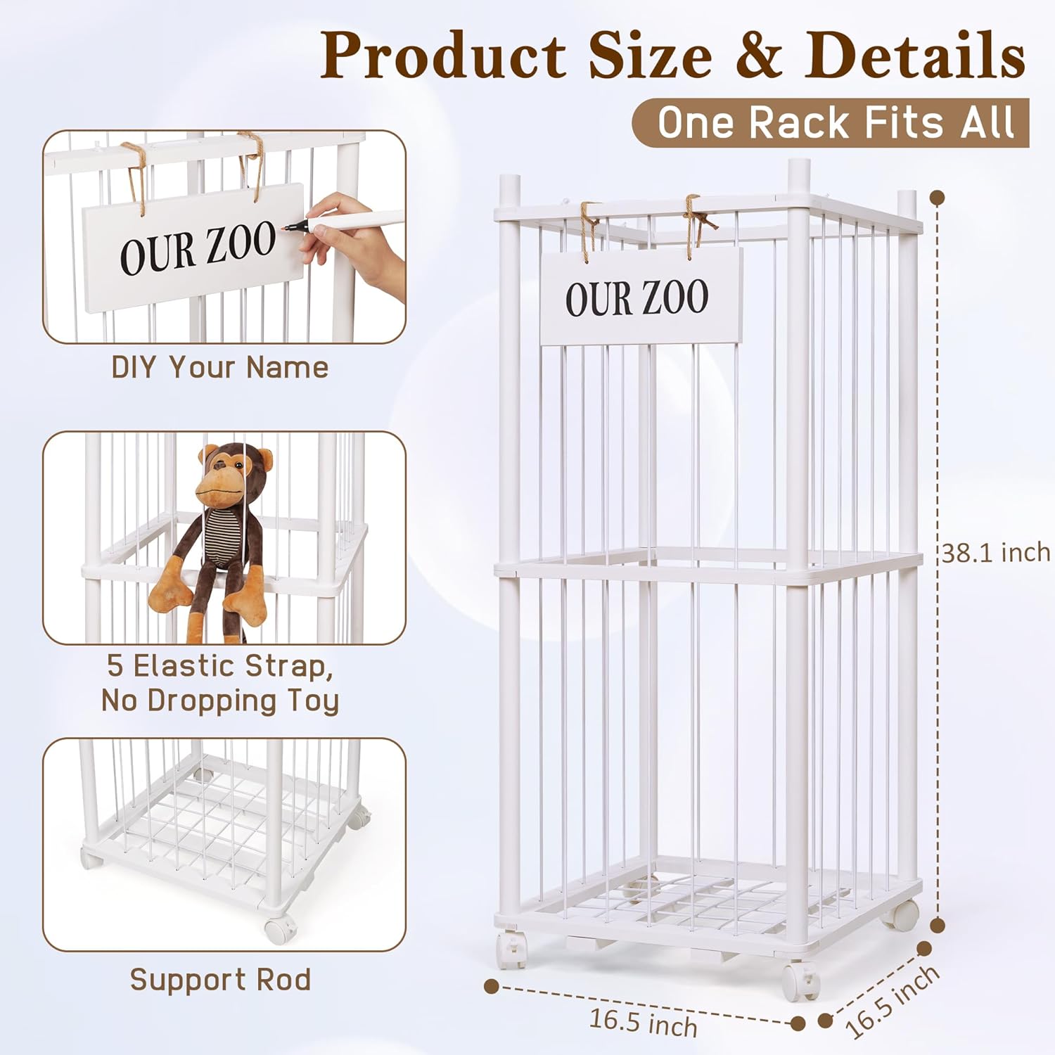 Stuffed Animal Storage Zoo, Wooden Stuffed Animal Organizer with Removable Wheels & 5-Row Elastic Cords, Space-Saving Plush Toy Storage Holder for Playroom, Bedroom, Nursery - Image 3