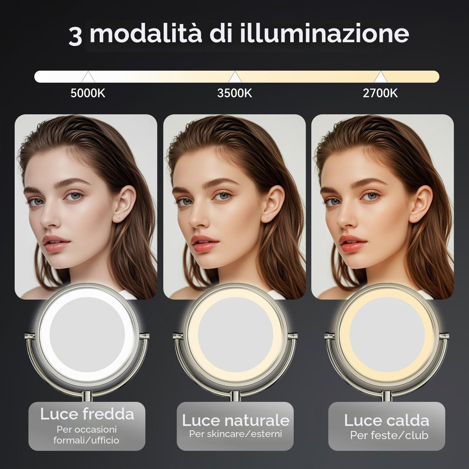 Nicesail Specchio Trucco con Luci da Parete - Specchio Ingranditore 5x - Luce a 3 Colori - con Braccio Estensibile - Telaio Spesso - con Spina - Nichel Spazzolato,Diametro 20 cm