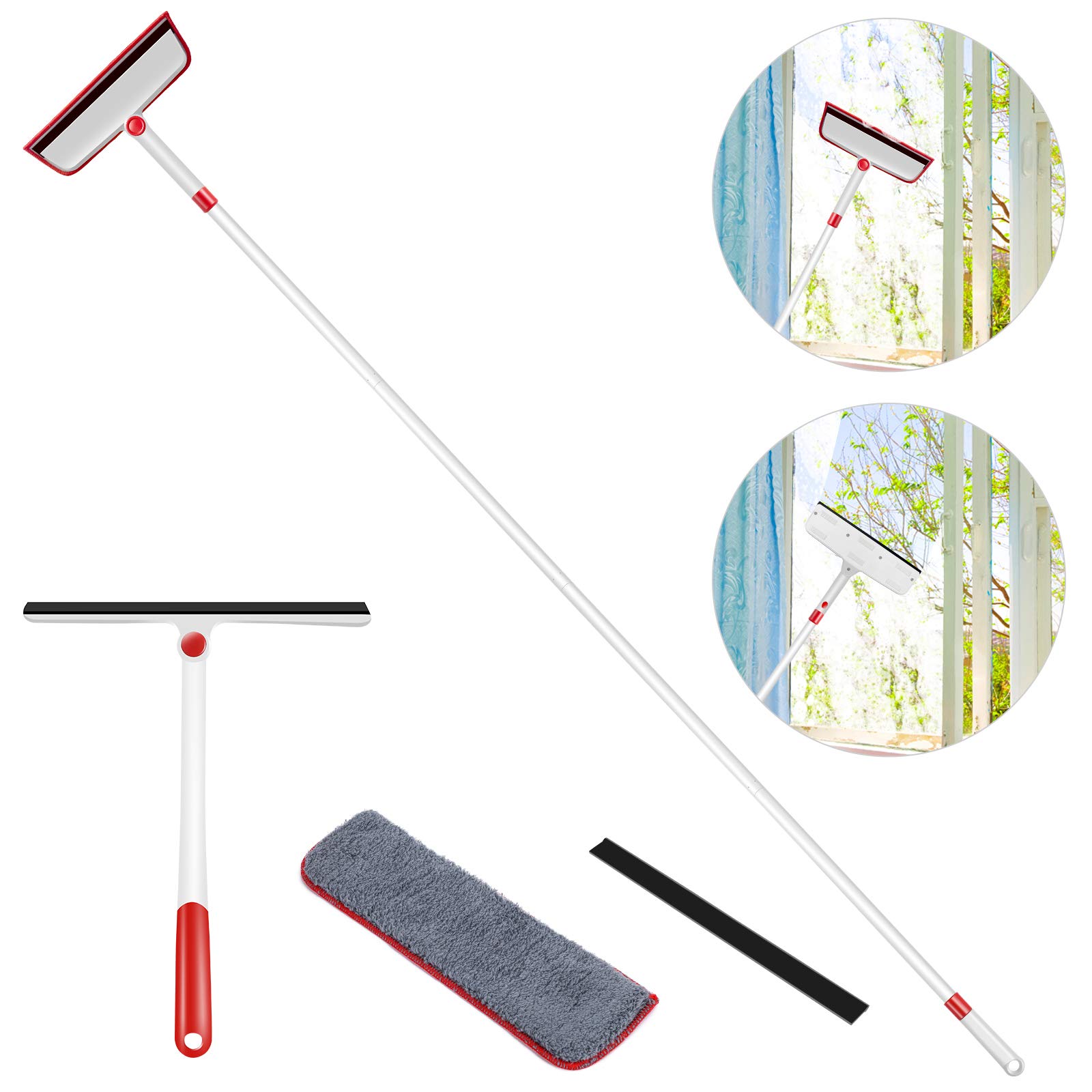 Window Cleaning Kit, 2 in 1 Squeegee Window Cleaning Tool with Elbow and Straight Extension Pole, Telescopic Window Washing Equipment with Bendable Head for Car Indoor Outdoor High Windows