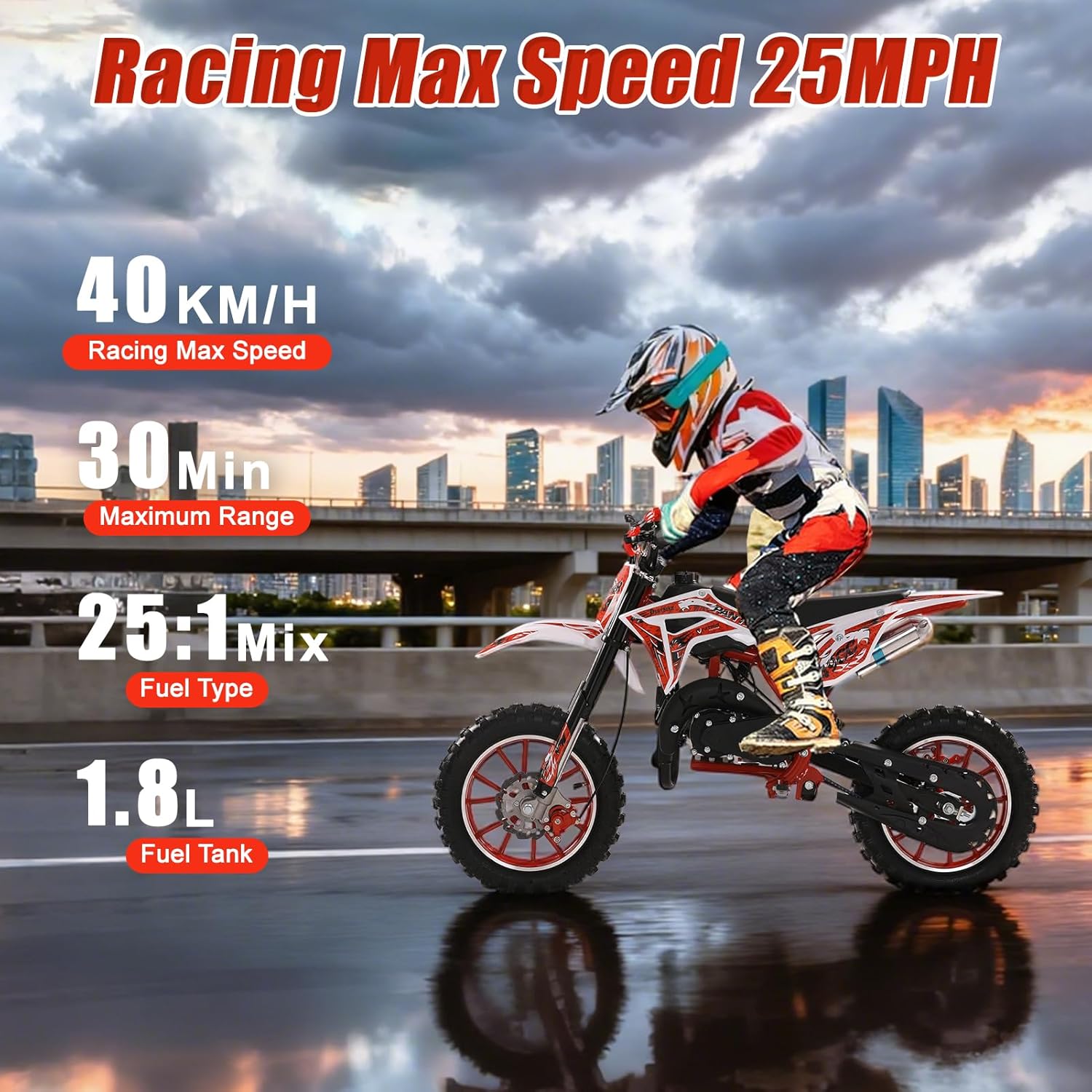 gihusrzx 2026 Upgraded 50cc Gas Dirt Bike - 2 Stroke Motorcycle with Off-Road Tires, Front Rear Disc Brakes & Shock Absorbers - Up to 40KM/H Motocross Bike with Comfort Seat Cushion for Youth Riders Red